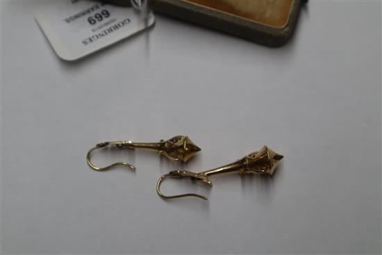 A near pair of ornate 19th century yellow metal drop earrings, 48mm & 52mm.